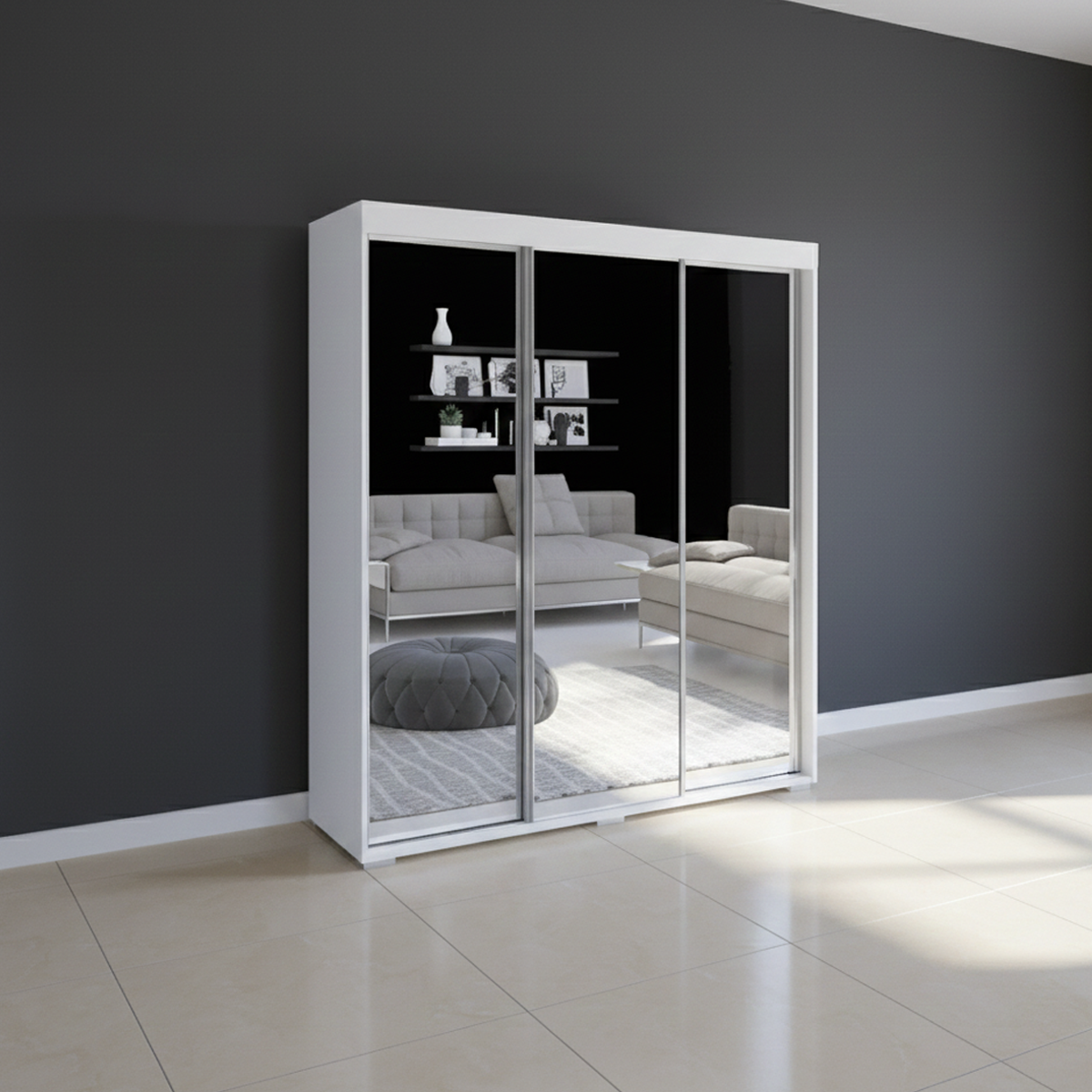3 Door - Sliding Door - Wardrobe with Mirrors - WHITE