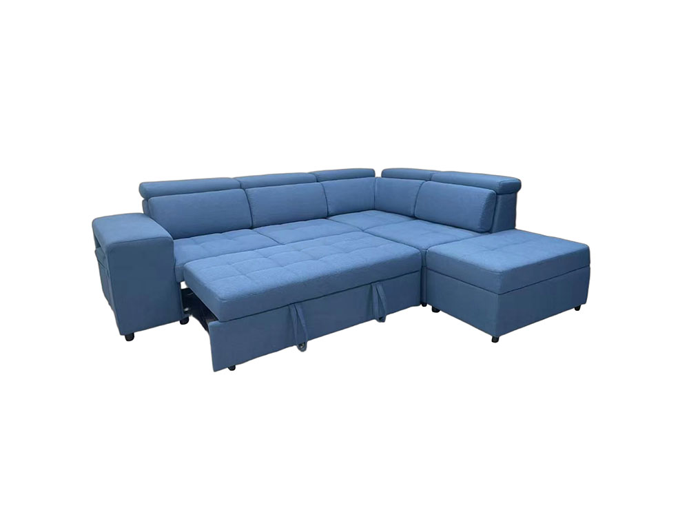 L Shape Sofa Bed With Ottoman And Stools - Fabrics Blue