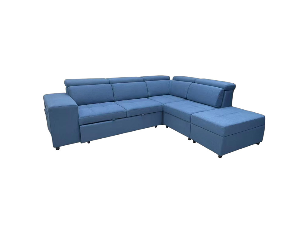 L Shape Sofa Bed With Ottoman And Stools - Fabrics Blue