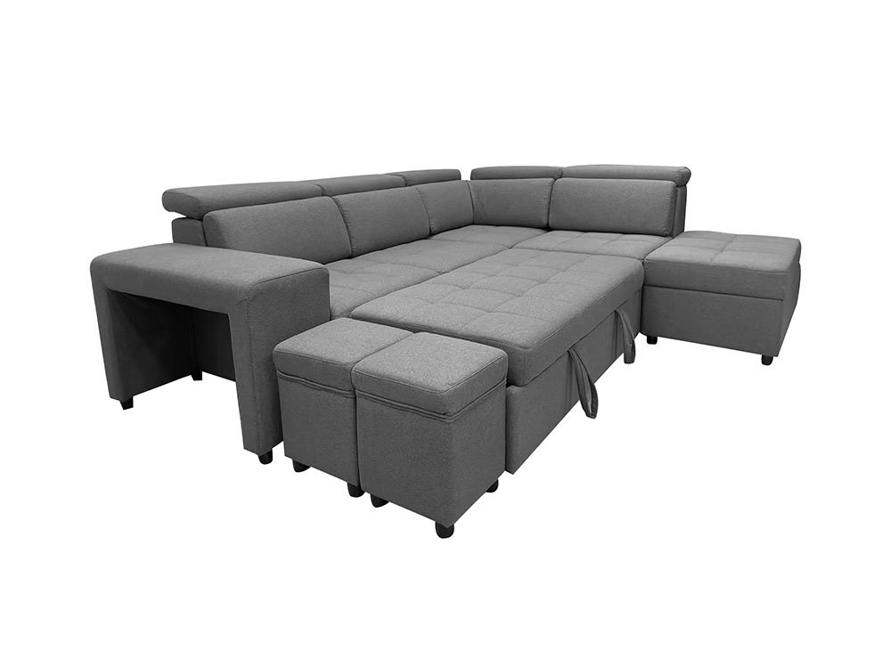 L Shape Sofa Bed With Ottoman And Stools - Fabrics Grey
