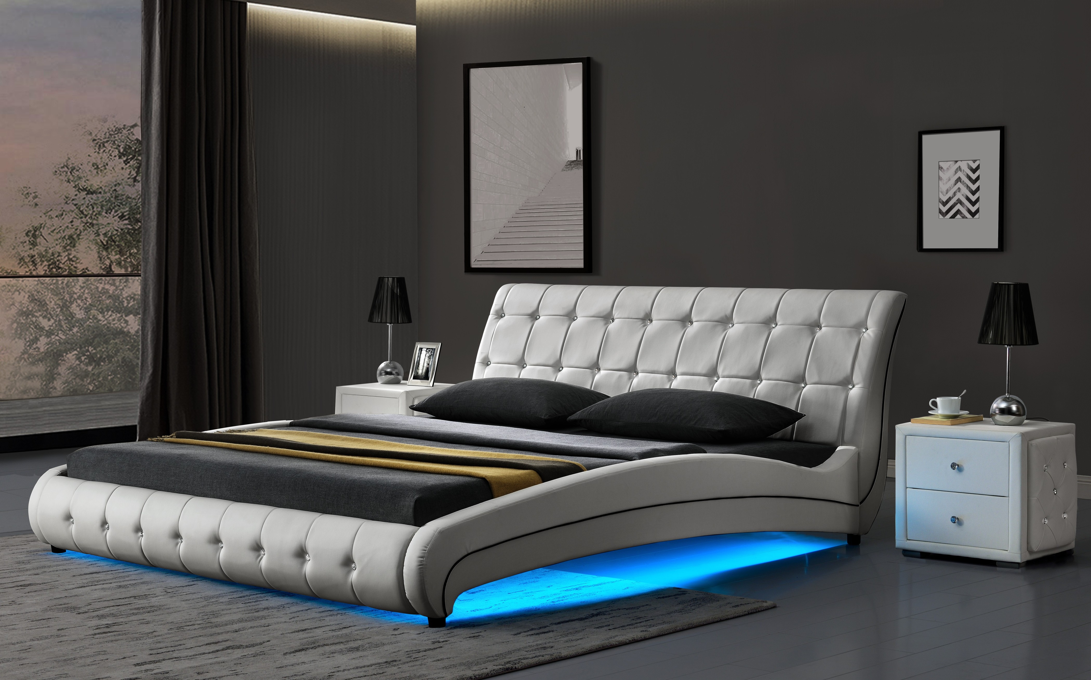 Queen size bed with LED - PU Light Grey ( 3144-1 )