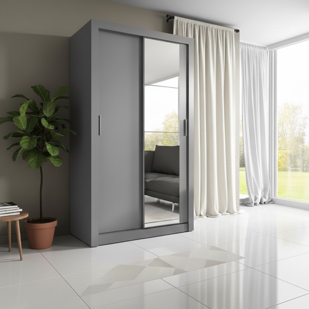 2 Door Wardrobe with One Mirror - GREY