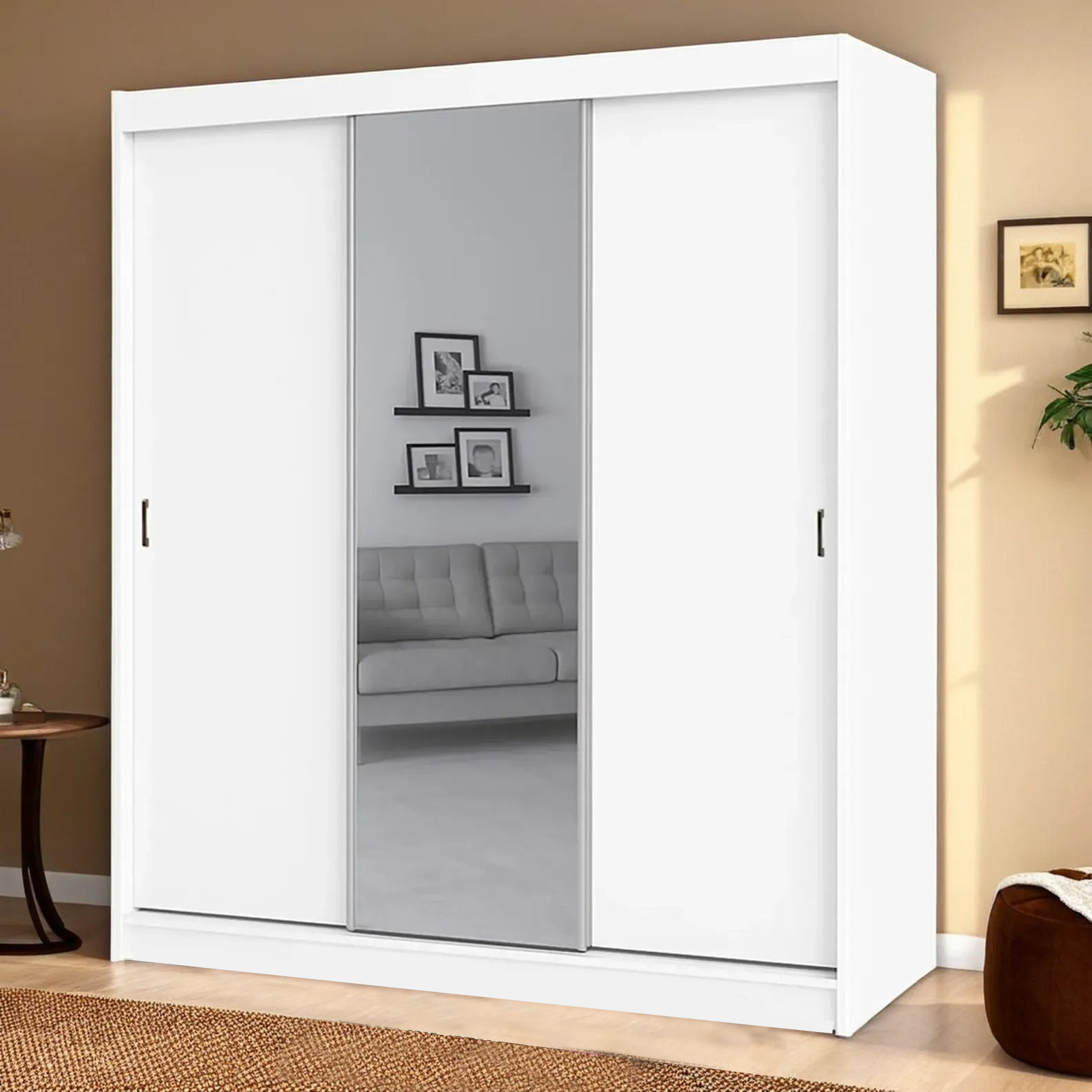 3 Door - Sliding Door - Wardrobe with Mirrors - WHITE