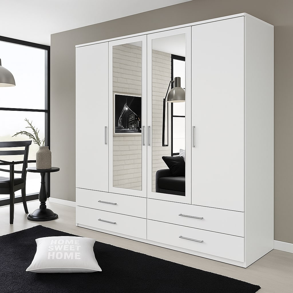 4 Door Wardrobe with Mirrors - WHITE