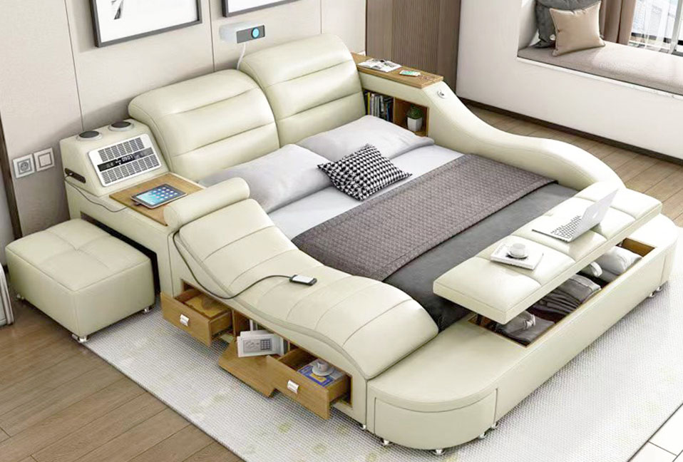 Queen Size Functional Bed - PU Beige