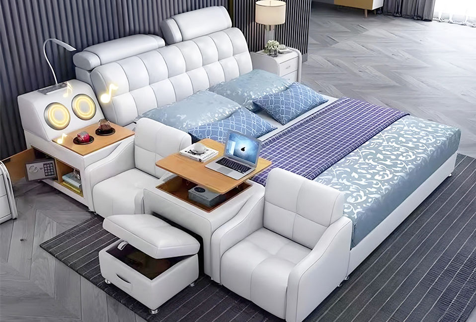 Queen Size Functional Bed - PU Shinny White