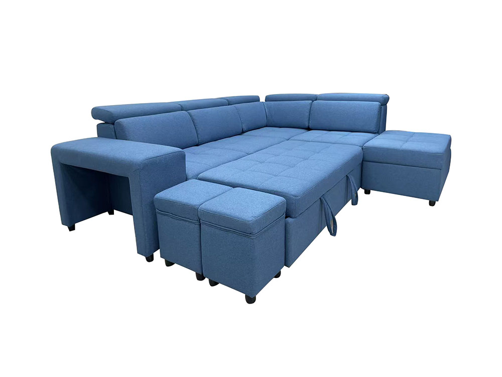 L Shape Sofa Bed With Ottoman And Stools - Fabrics Blue