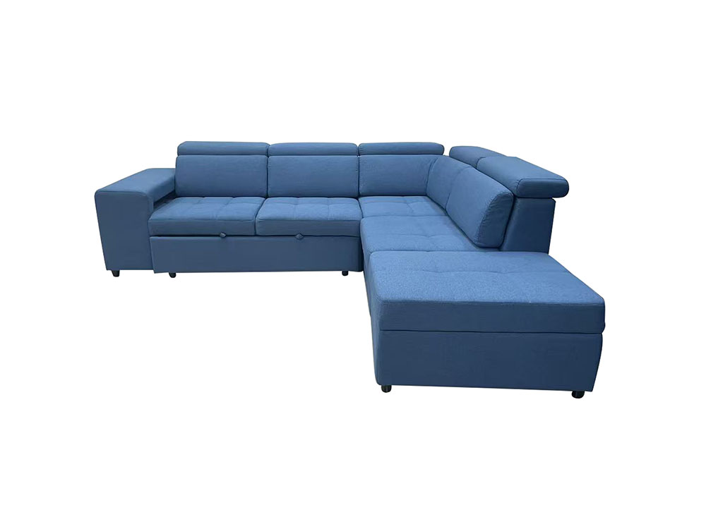 L Shape Sofa Bed With Ottoman And Stools - Fabrics Blue