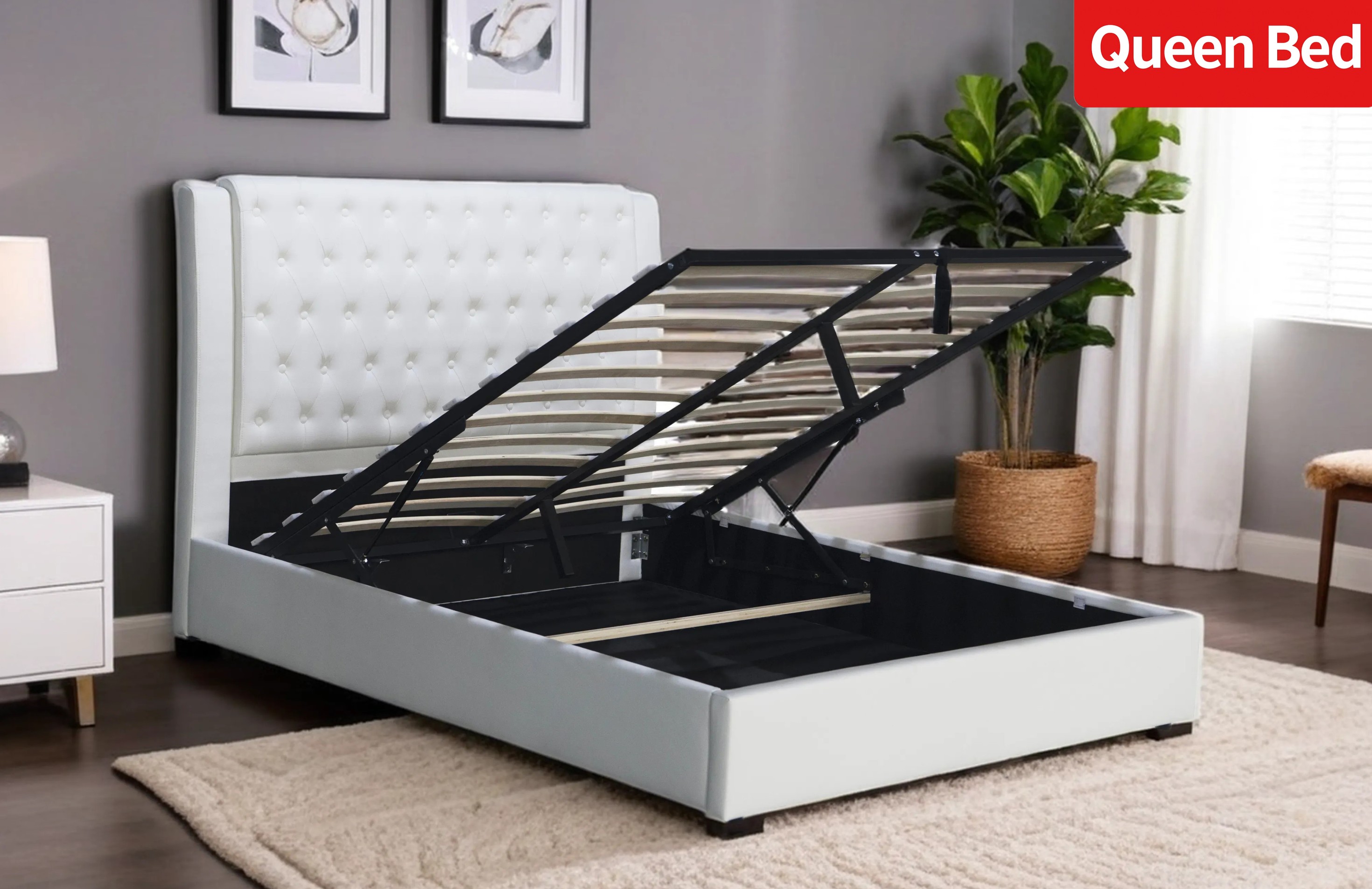 Queen Size Bed - PU Snow White - (3398G)