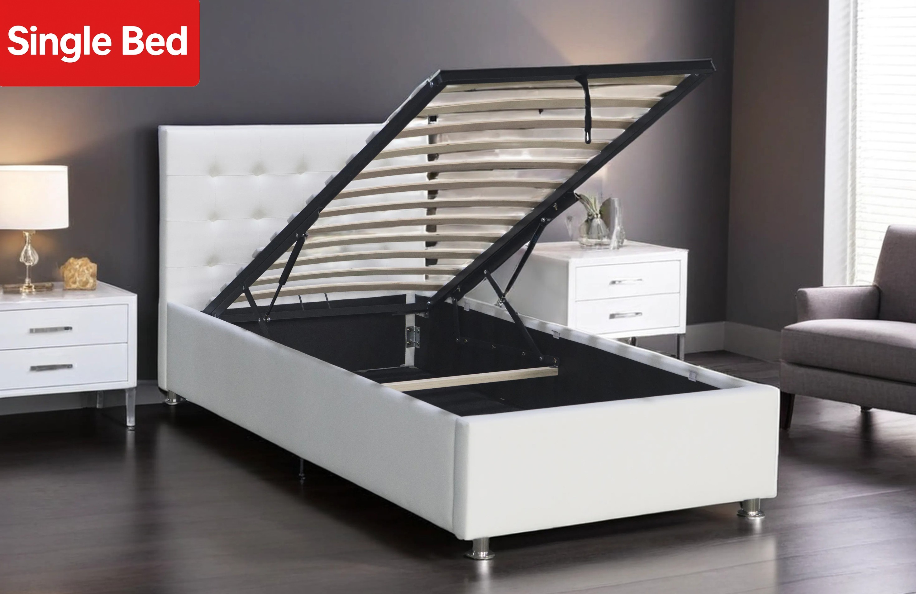 Single Size Bed - PU Snow White - (3154G)